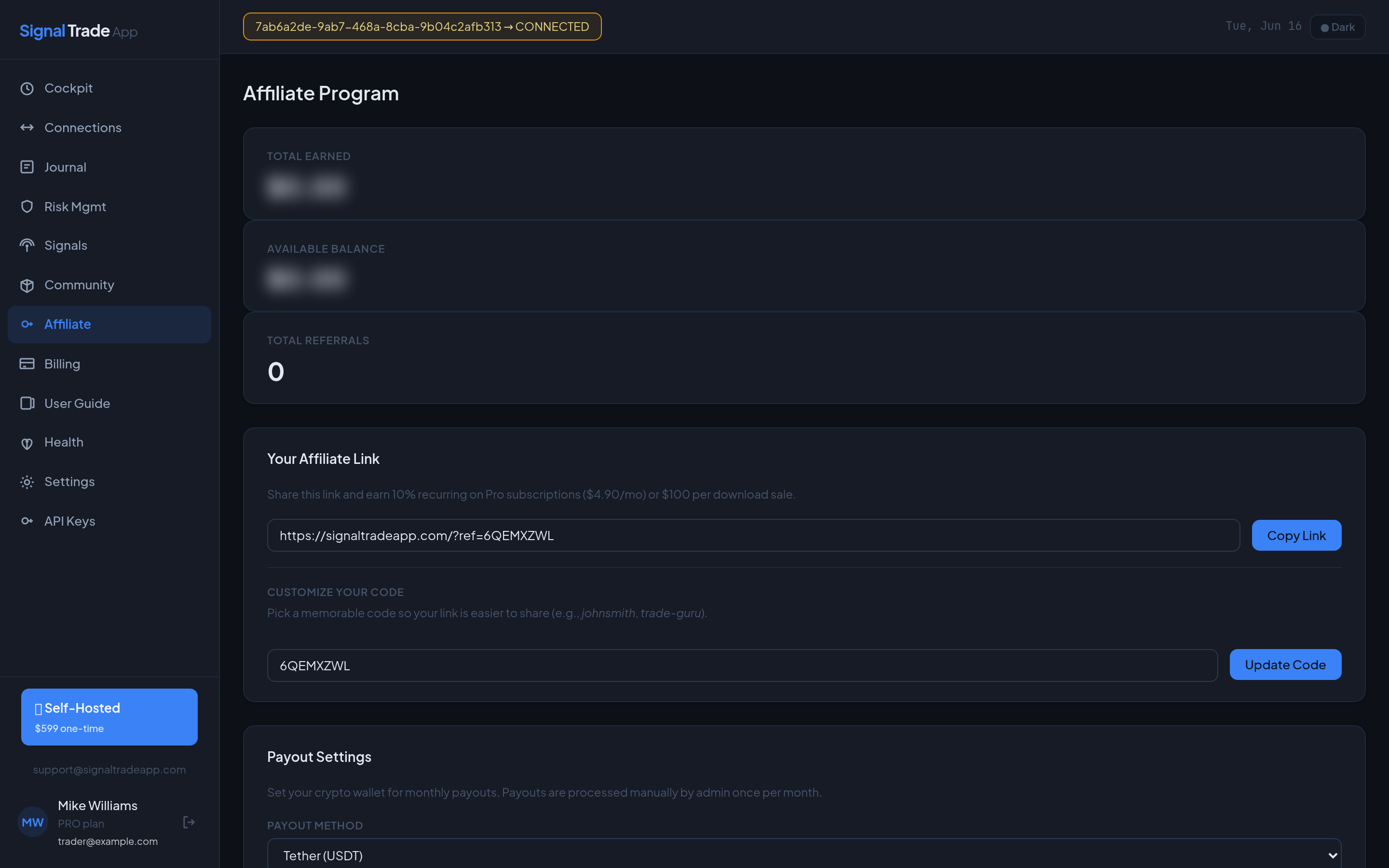 The Signal Trade App affiliate dashboard showing earnings, referral link, custom code and payout settings