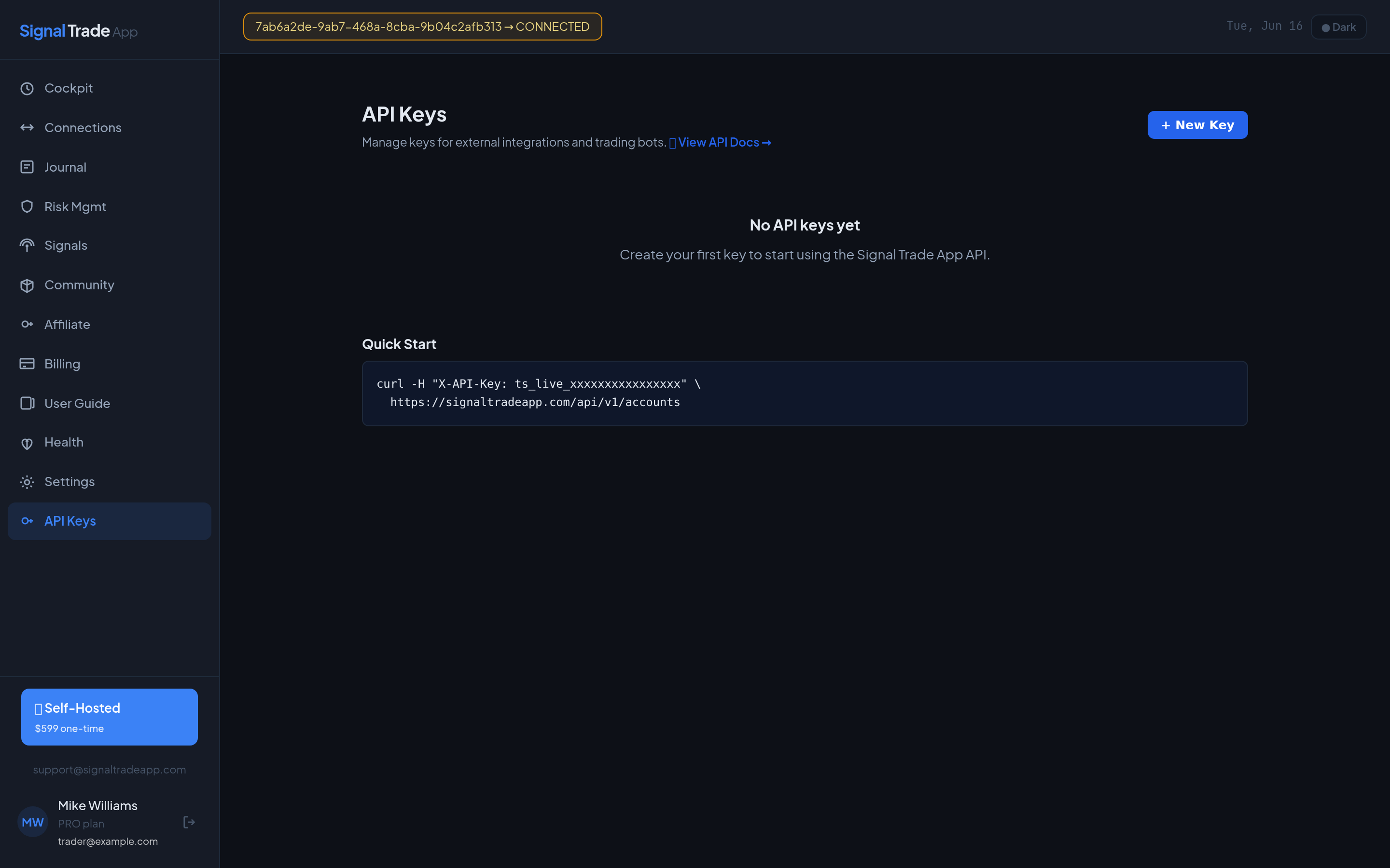 The Signal Trade App API keys page for creating and managing programmatic access keys