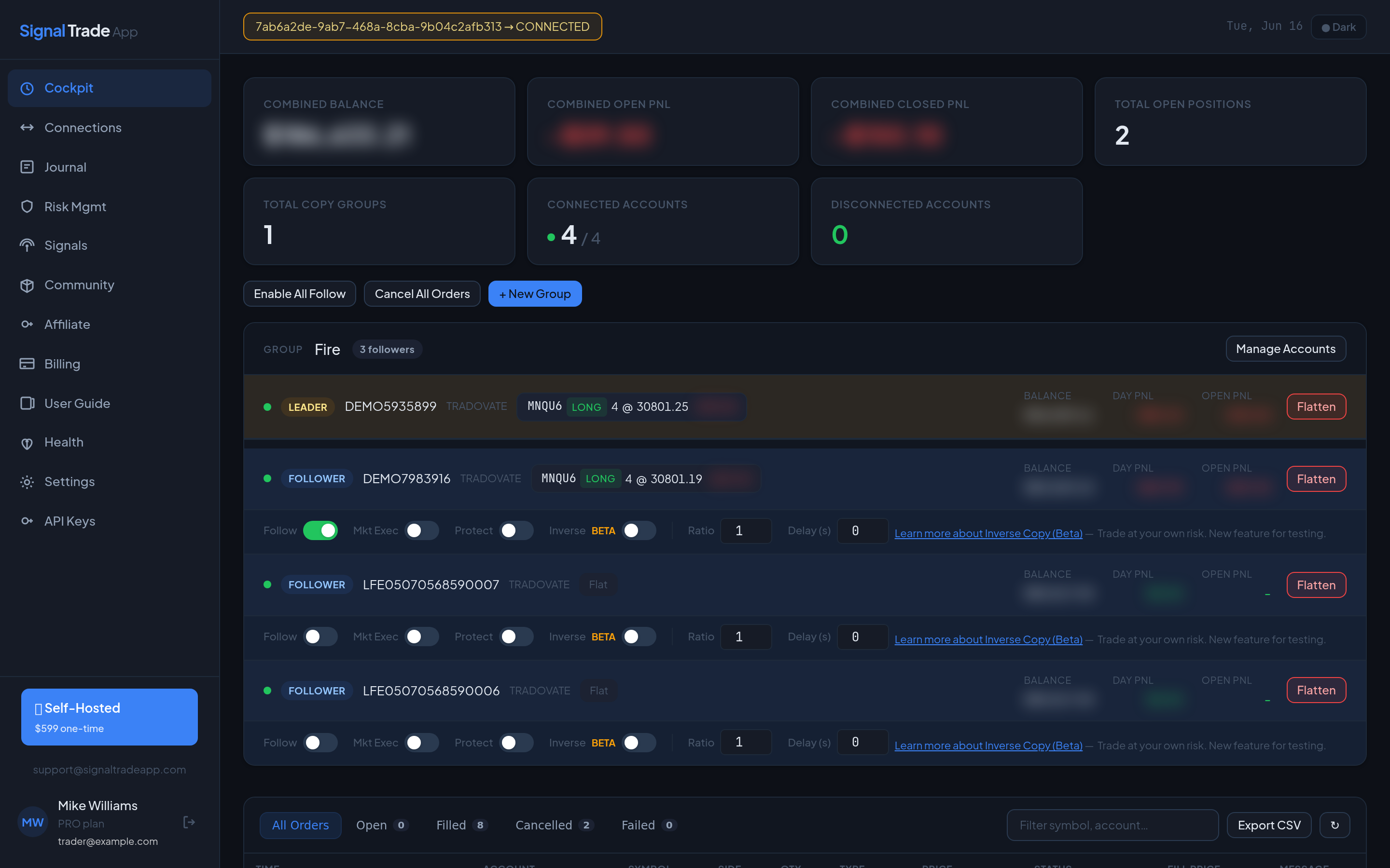 The Signal Trade App cockpit showing a copy group with a leader account, three followers, live P&L, balances and open positions