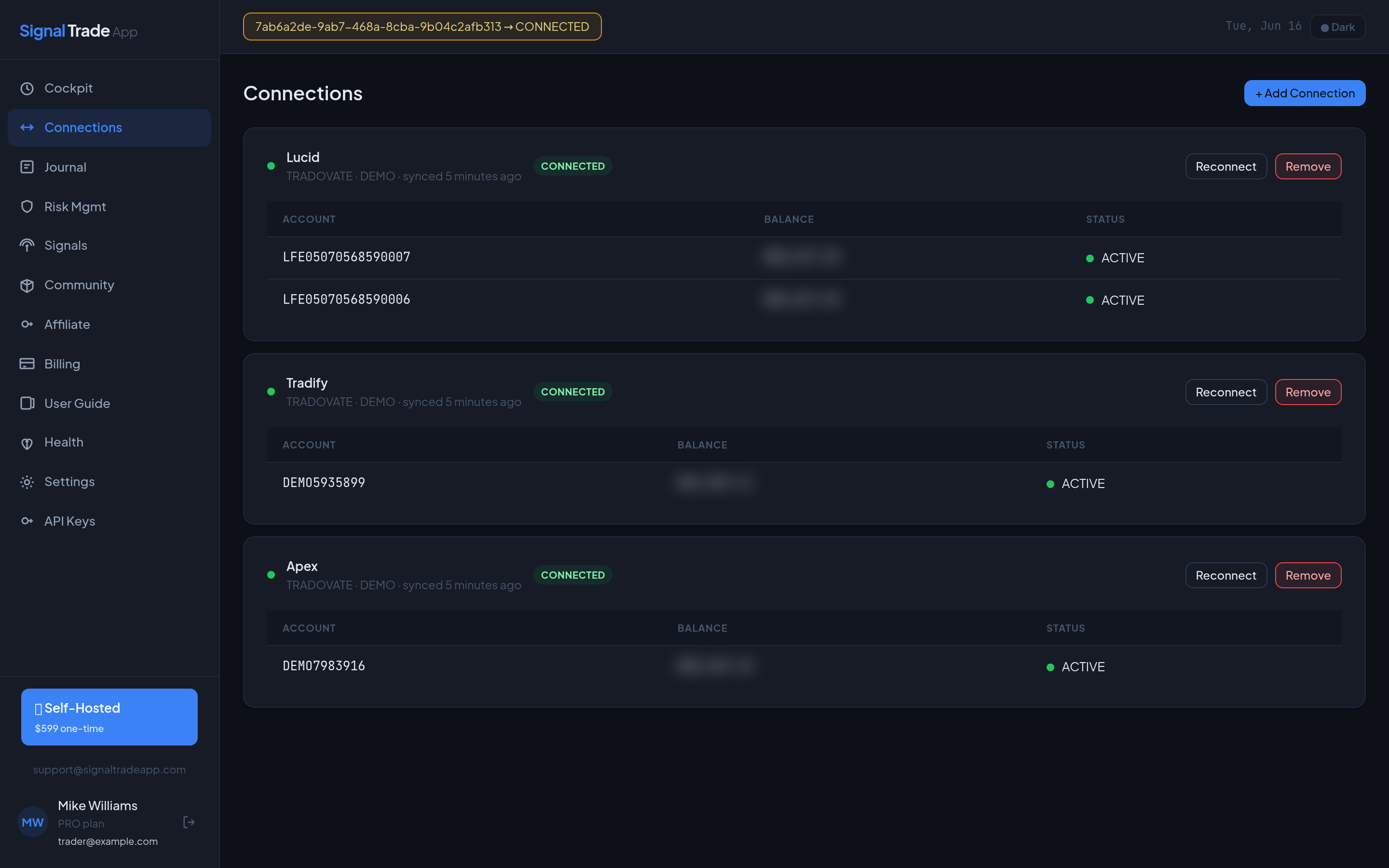 The Signal Trade App connections page listing connected Tradovate accounts with balances and active status