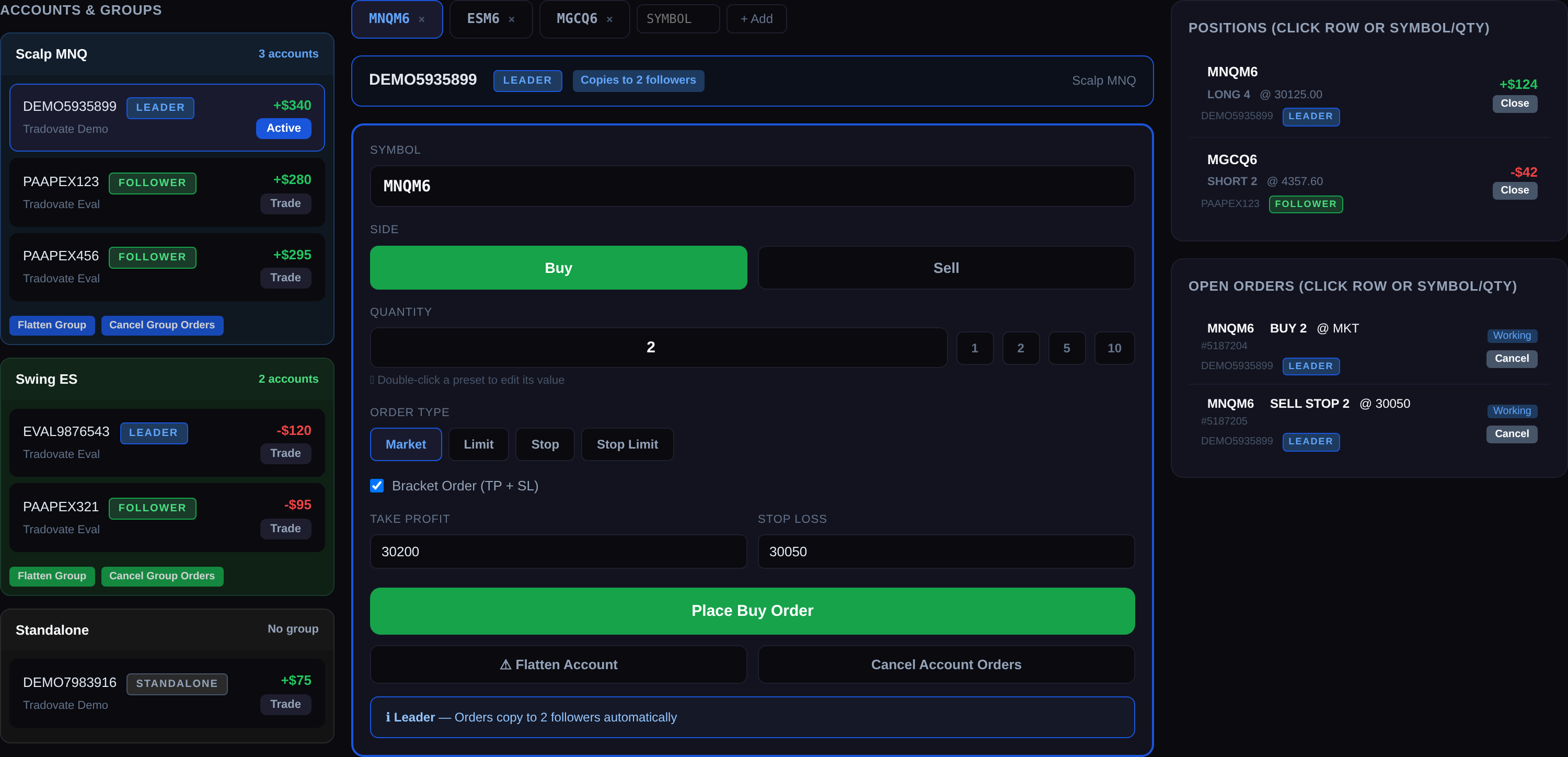 Signal Trade App Quick Order Entry showing left account panel with groups, center order form with symbol tabs and quantity presets, and right panel with open positions and orders