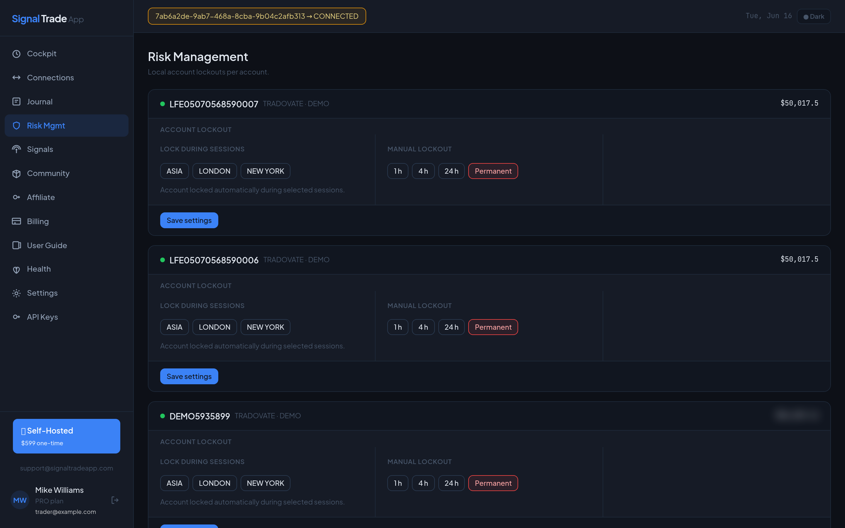 The Signal Trade App risk management page showing per-account session lockouts and manual lockout controls