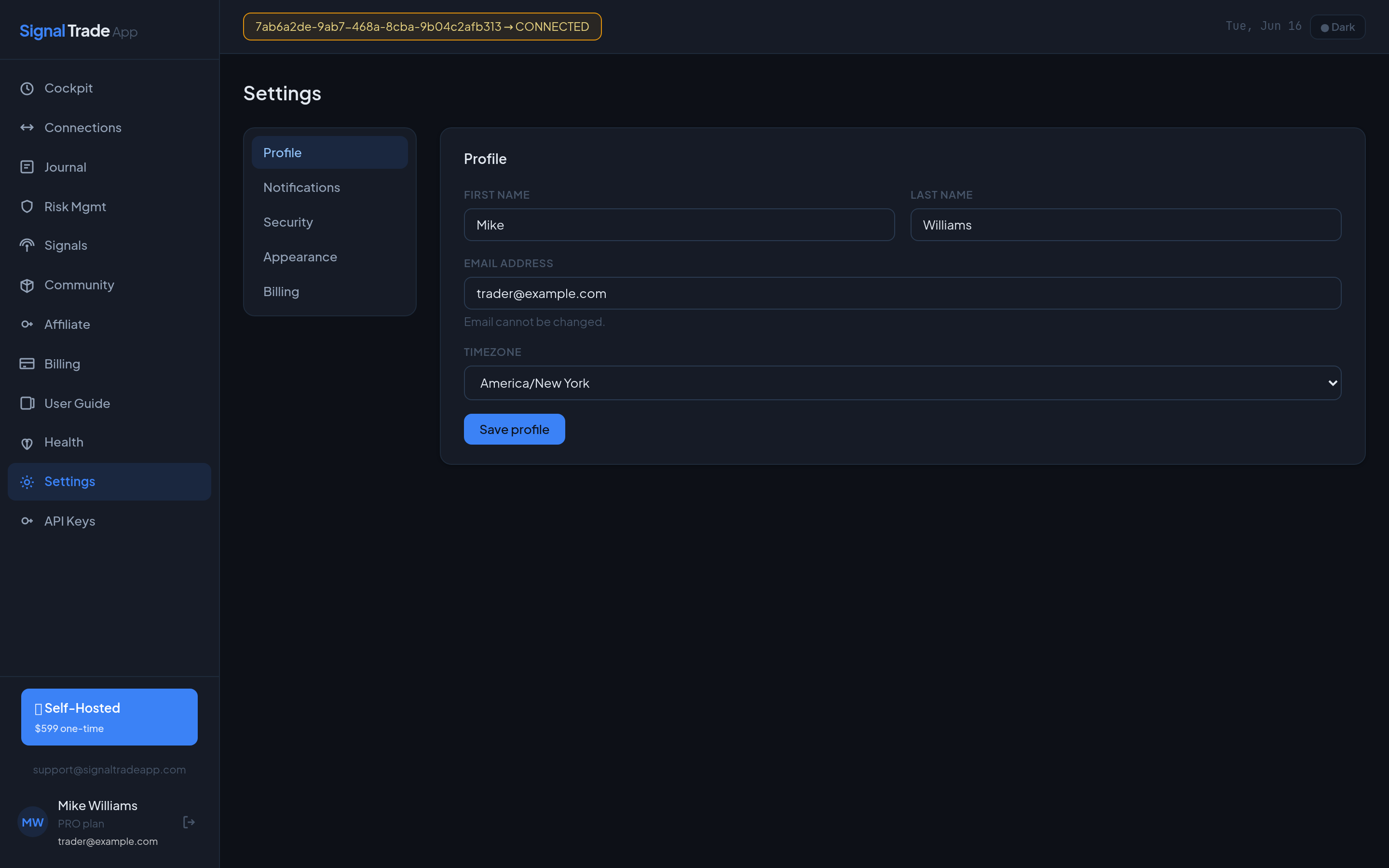 The Signal Trade App settings page showing the profile tab with name, email, timezone and the settings sub-navigation