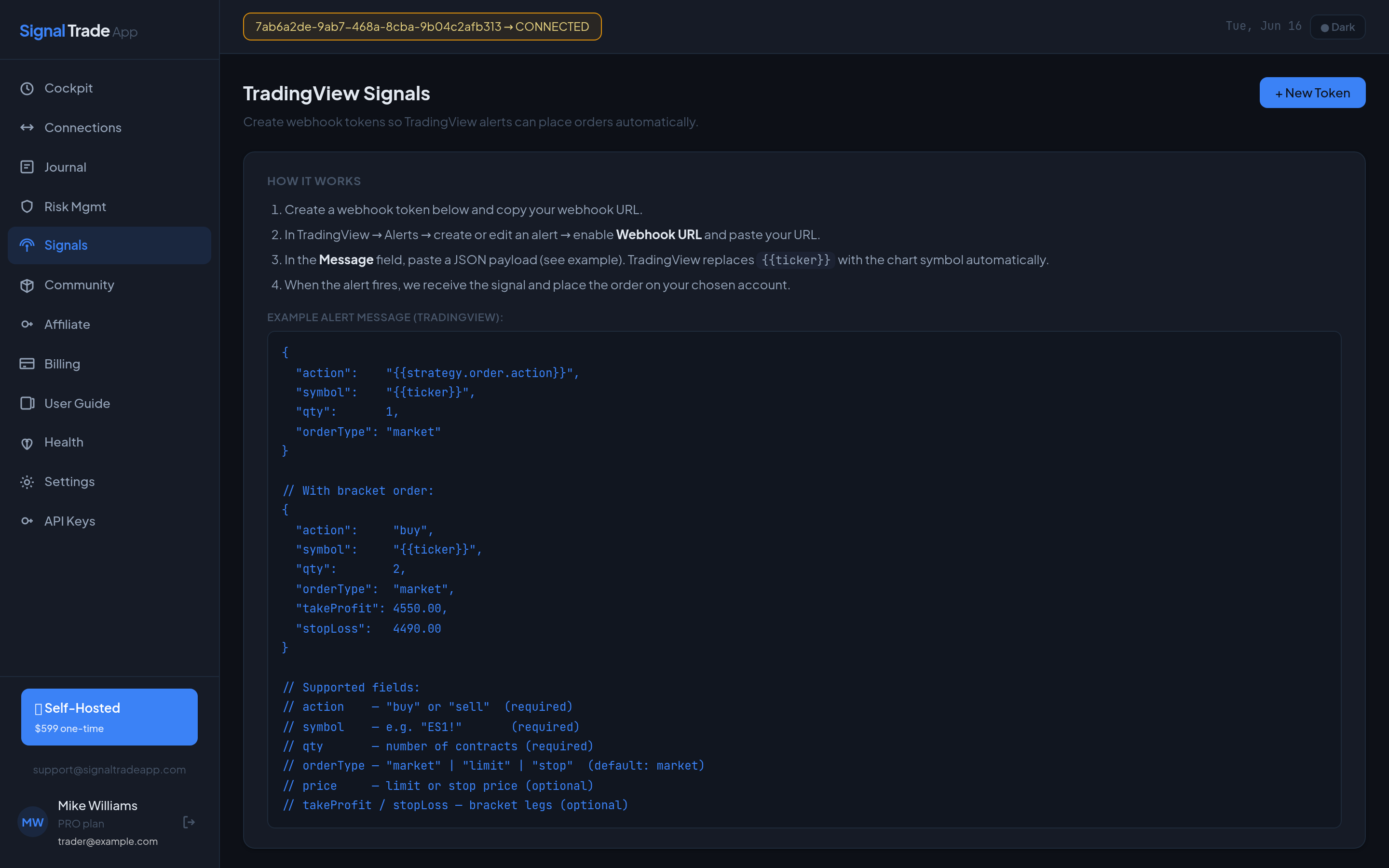 The Signal Trade App signals page showing webhook token setup and an example TradingView alert JSON payload